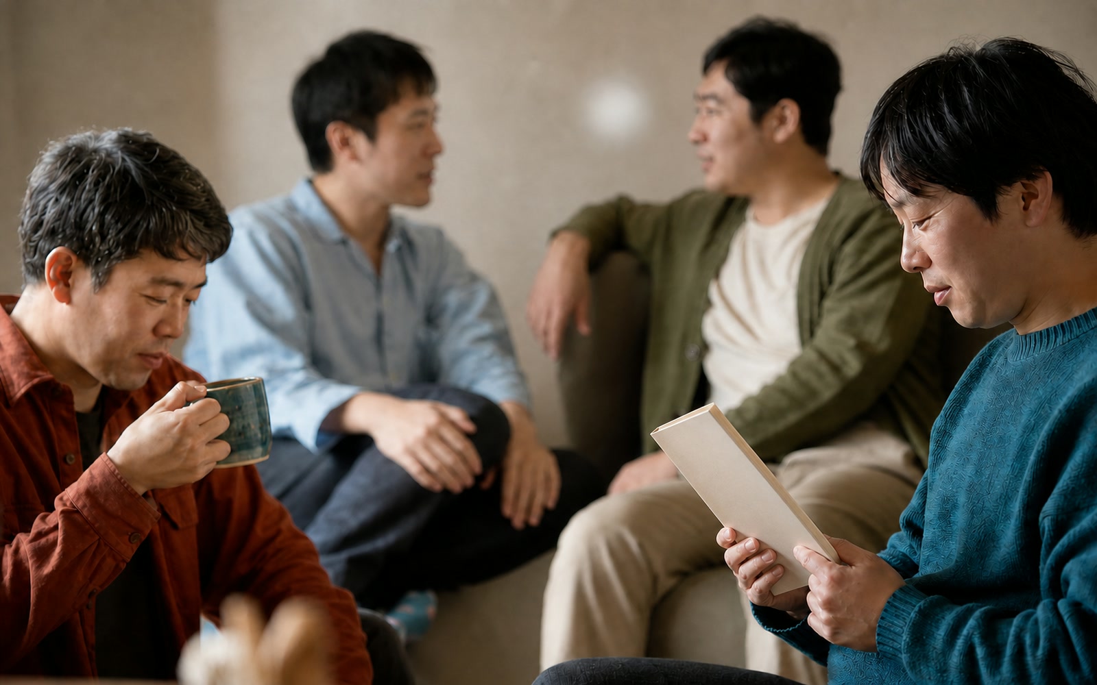 同じ居間で、読書や飲み物、会話など、それぞれ違うことをして過ごす成人4人