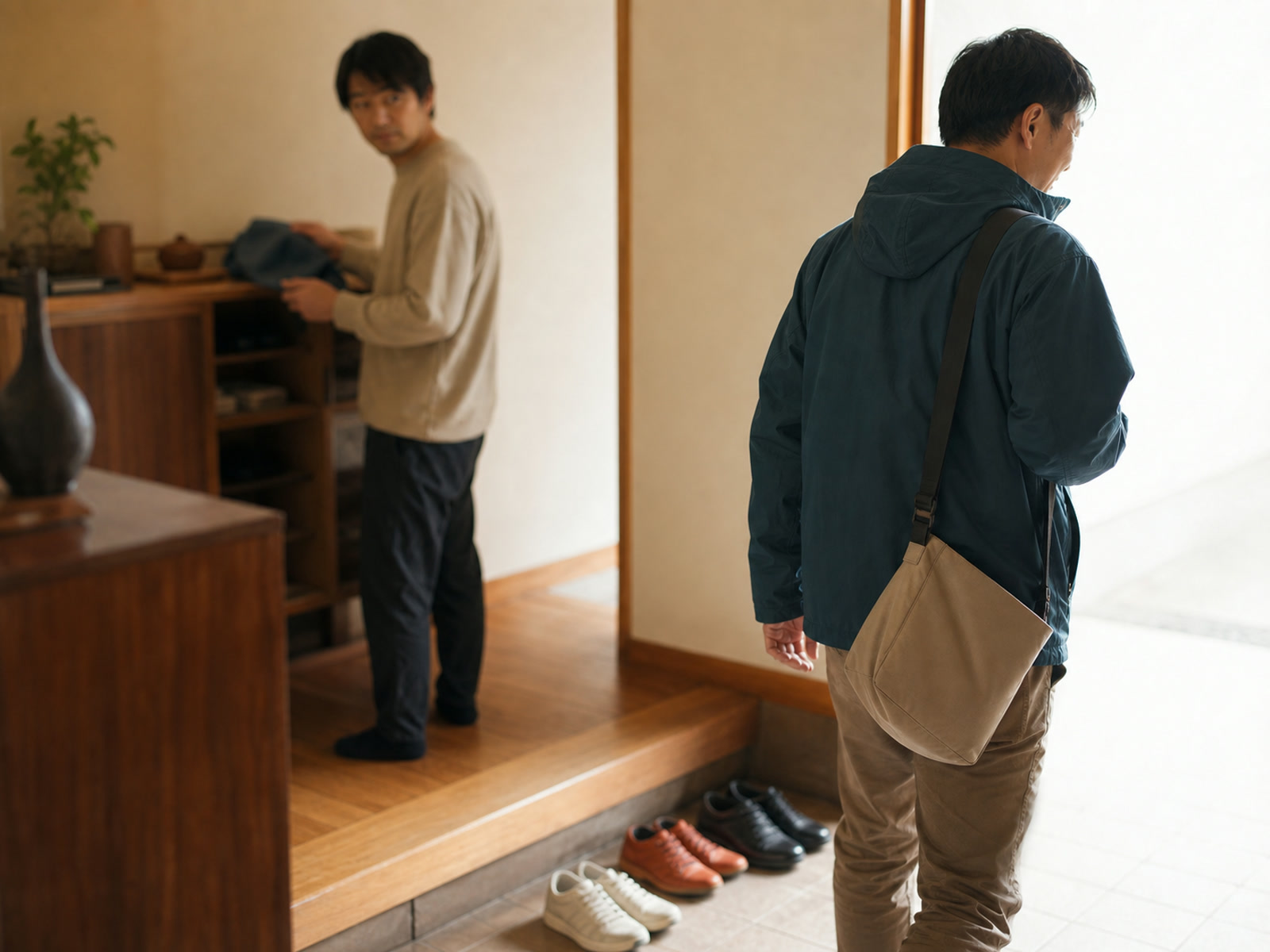 玄関で自然に言葉を交わす人たち