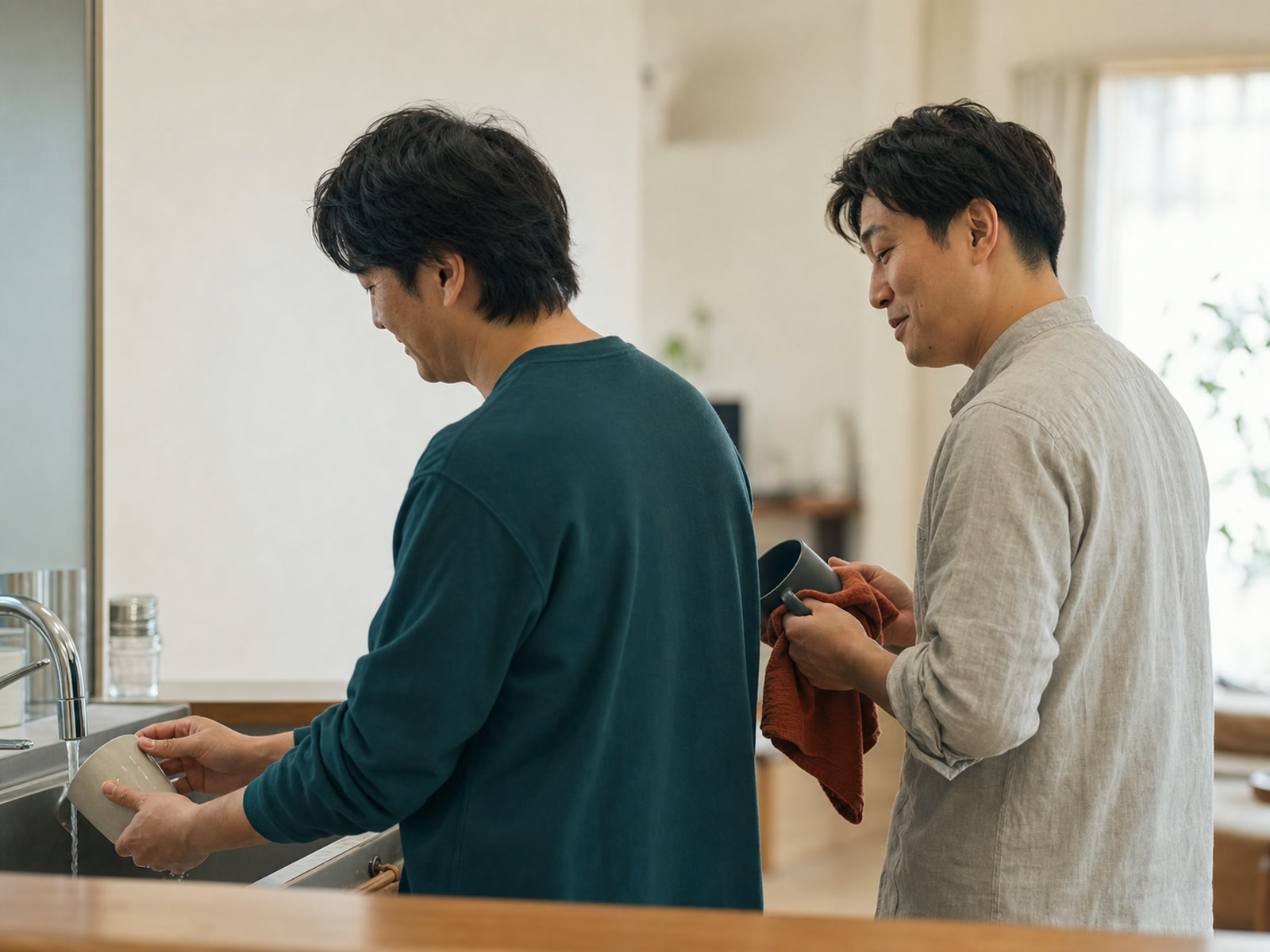 台所に並んで、それぞれ別の作業をする2人