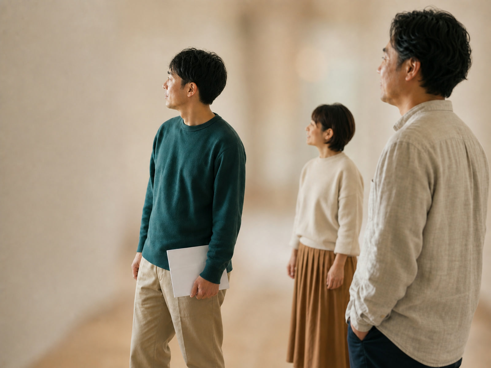 テーブルを挟んで、同じ高さの目線で話す3人